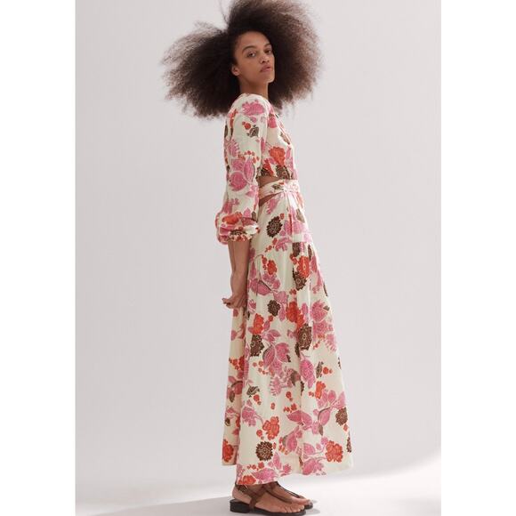 ME+EM Cheesecloth Bali Print Floral Red Pink Cut Out Maxi Long Dress Cotton 4 - Picture 2 of 14